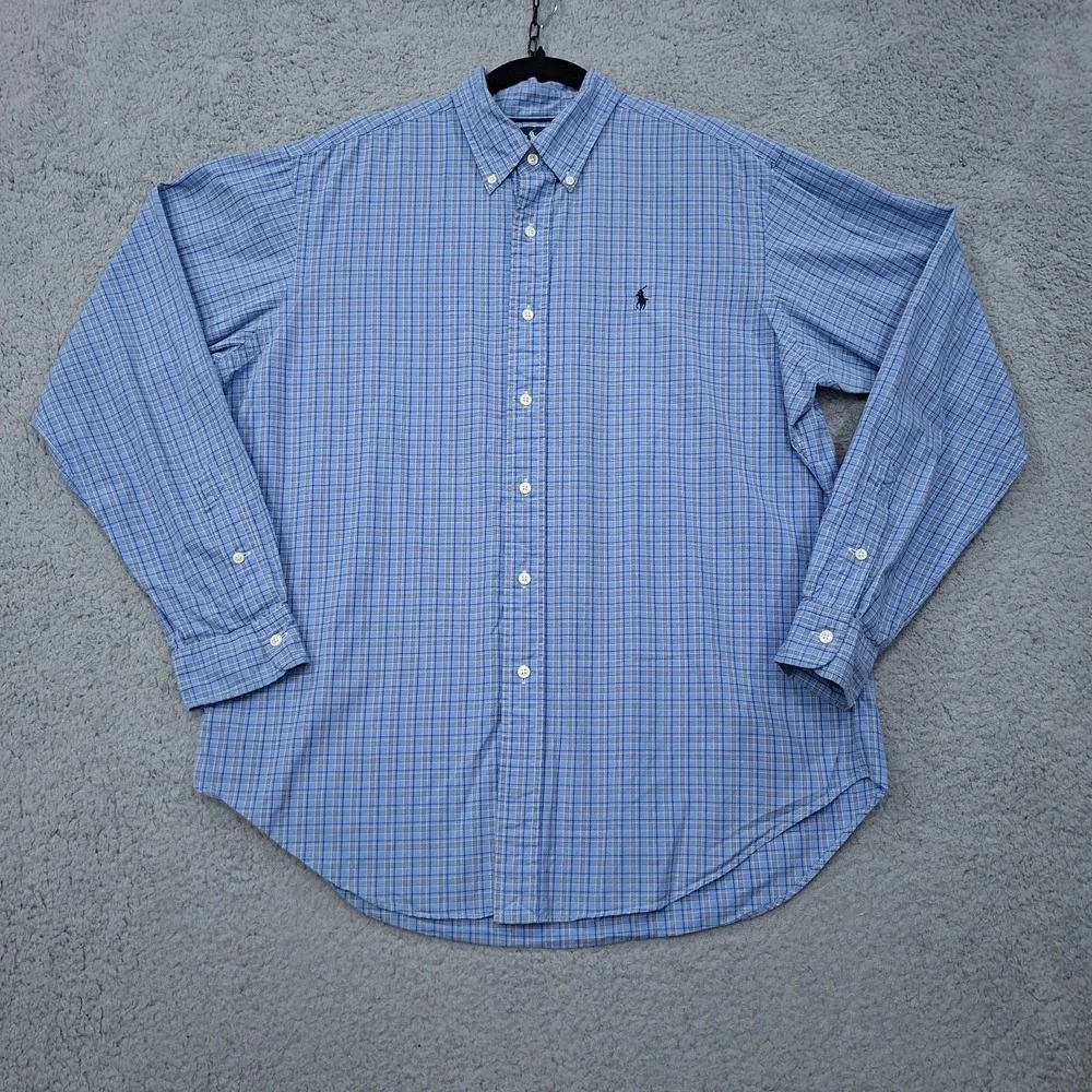 Ralph Lauren Classic Fit Men Size Large Blue/White Plaid Button Up Shirt‎ Pony